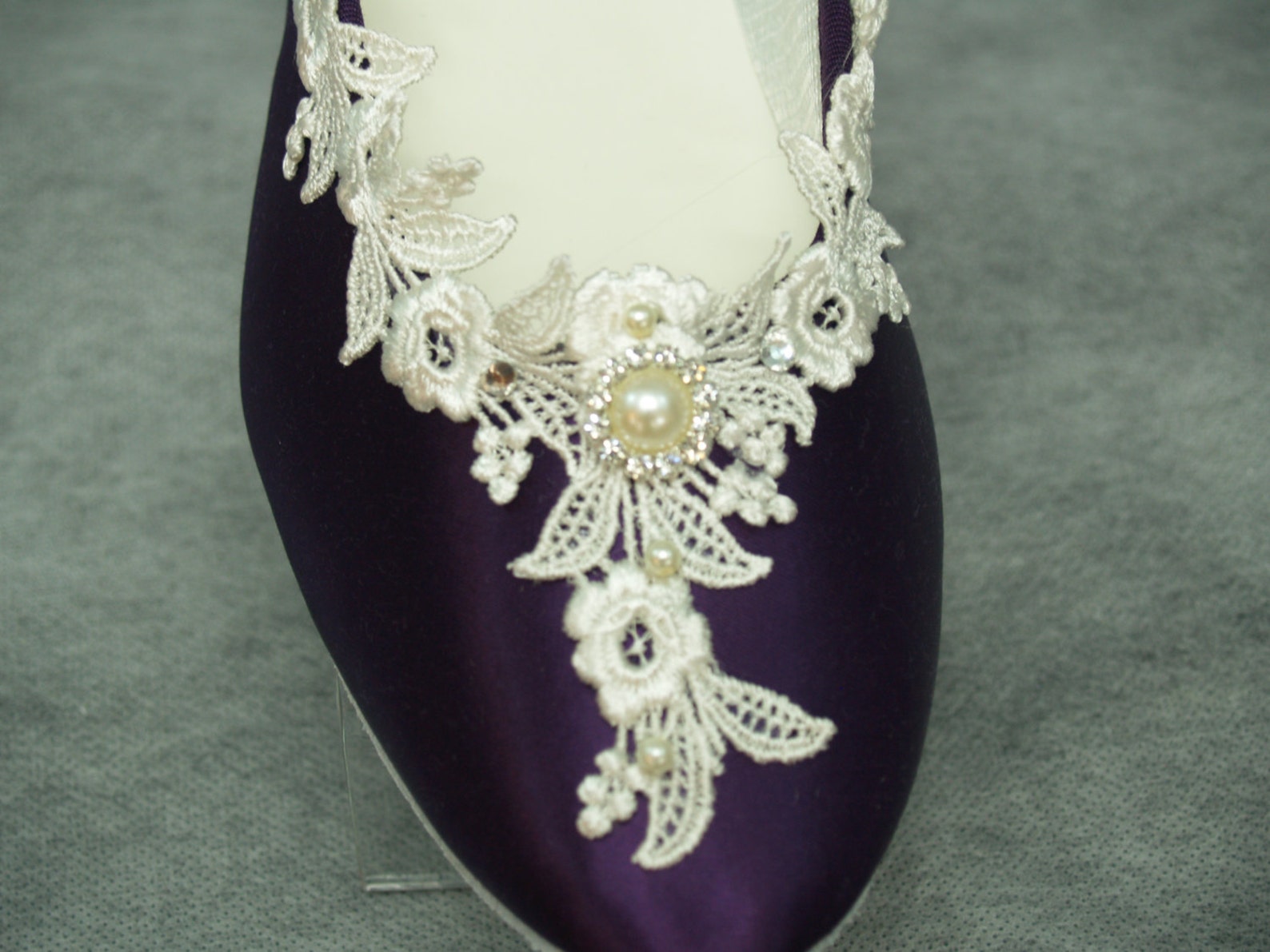 bridal victorian flats eggplant ivory shoes fine us lace pearls and crystals embellished, satin ballet slipper, deep purple with