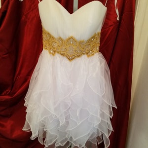 White short strapless dress gold beaded empire waist sizes XS and L,sweetheart cut short white dress,destination wedding short white dress,