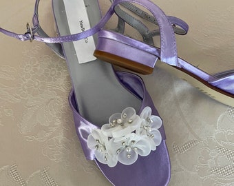 Lavender Wedding Wide Shoe low 1/2 inch heel flowers crystals,Short Heel Satin Open Toe Sandal Bling White Flowers, Many colors shoe style