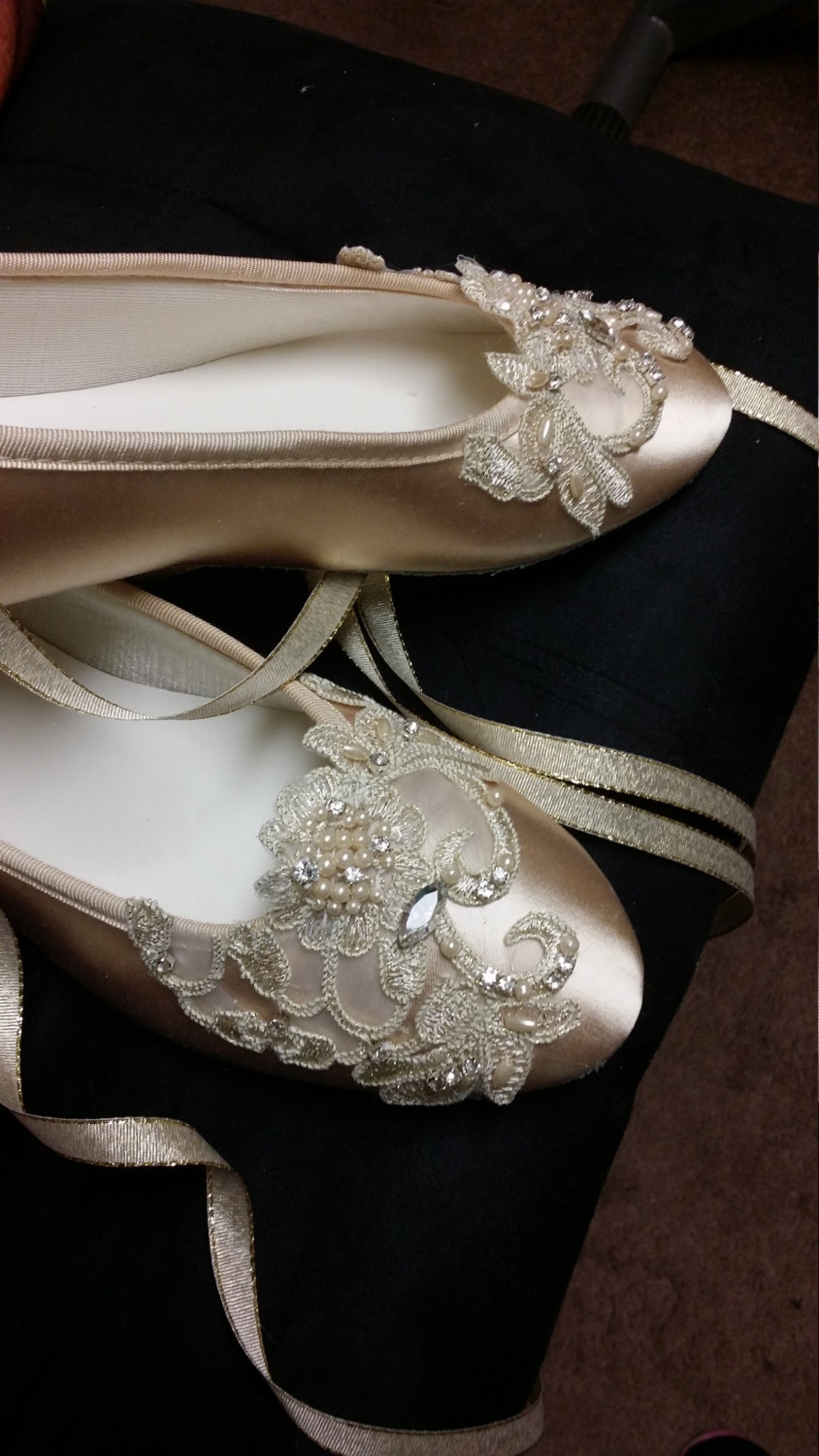 gold champagne shoes ballerina style satin lace appliqué crystals pearls, lace up ribbon ballet style slipper, comfortable weddi gold champagne shoes ballerina style satin lace appliqué crystals pearls, lace up ribbon ballet style slipper, comfortable weddi
