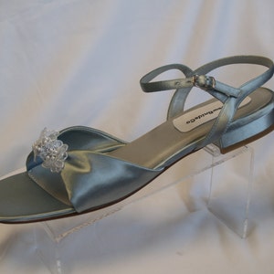 Size 10 Silver Satin Sandals w lace appliqué,Bridal Silver Sandals,Open Toe Very Low Heel for 25th Anniversary or Destination Ready to Ship image 4