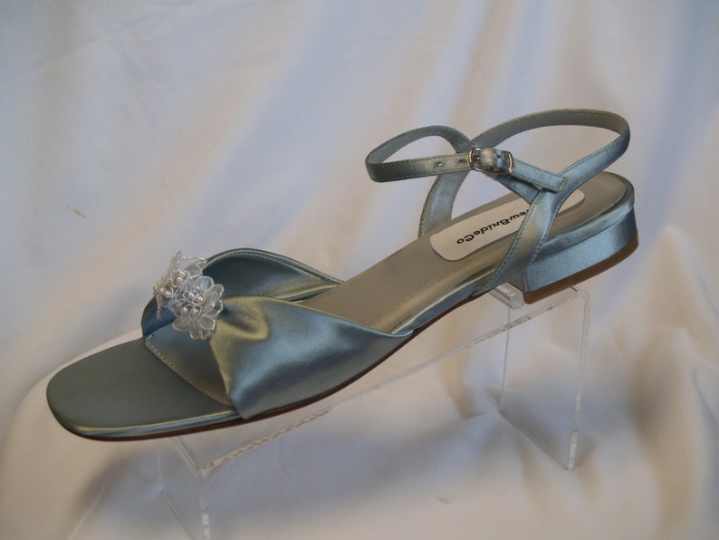 Size 10 Silver Satin Sandals w lace appliqué,Bridal Silver Sandals,Open Toe Very Low Heel for 25th Anniversary or Destination Ready to Ship image 4