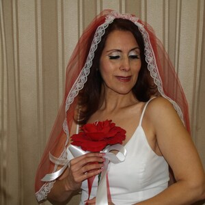 Red Wedding Veil with white lace scallop edging, Valentines Day Wedding, Holiday Ceremony, Festive, Red Wedding, Whimsical, Modern