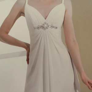 Moonlight White Chiffon Wedding Dress: Low Back, Silver Embellishment, Size 8