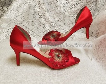 Red gold Satin Shoes mid Heels, Red heel shoes 2 1/2" and 3 1/2" Red open toe heels, Red Classic Heels,crimson satin,Red Wedding,Holiday
