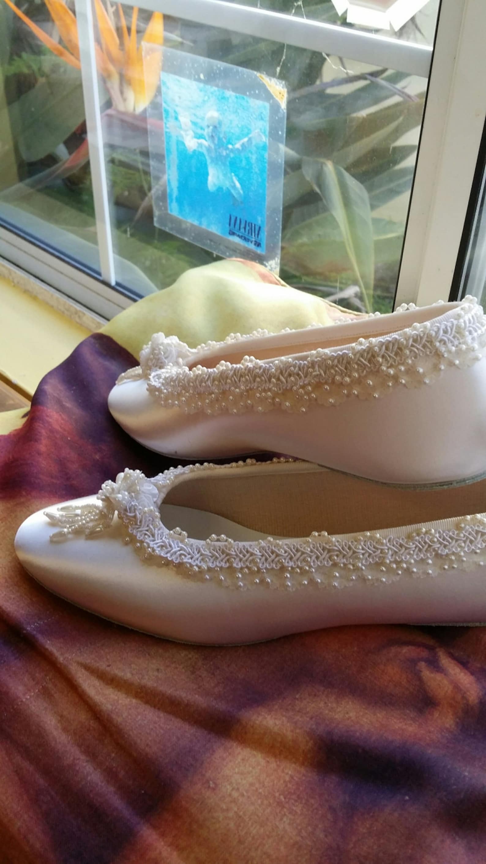 size 9 ballet style slippers offwhite satin w pearls flower,white bridal flats,pearl edging,white flowers,silver,ready to ship,