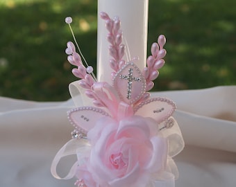 Pink Baptism Candle beautiful Vintage asares with pink flowers, Christening, Presentation Ceremony Traditions, Girl