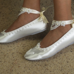 Tie Around Ankle Bridal Wedding Victorian Flats,Fine US Lace pearls & crystals embellished, Wedding flat shoes Edwardian, Renaissance, Satin image 4