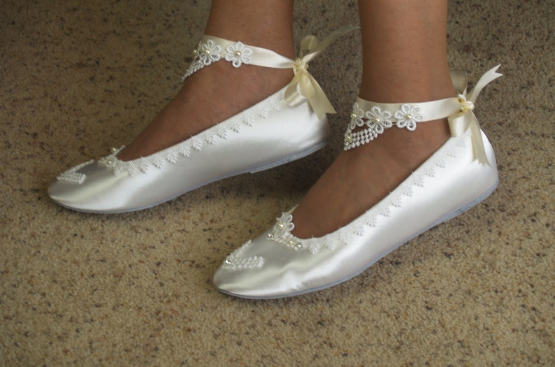 Tie Around Ankle Bridal Wedding Victorian Flats,Fine US Lace pearls & crystals embellished, Wedding flat shoes Edwardian, Renaissance, Satin image 4