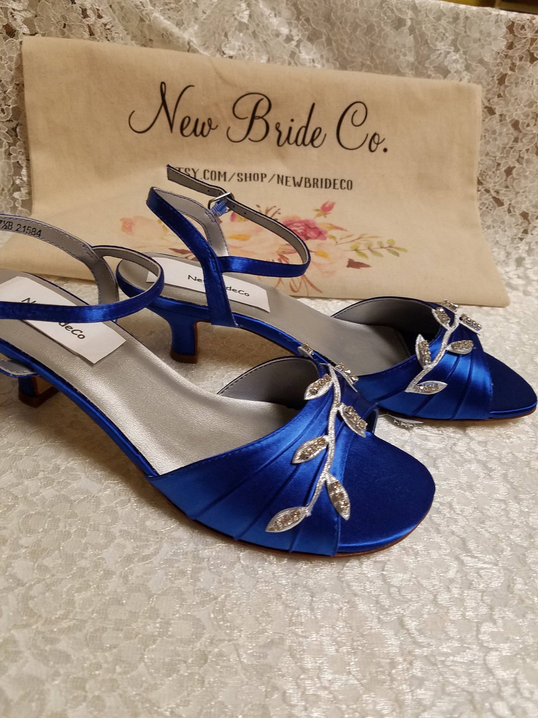 royal blue ladies dress shoes SIZE 7.5 1 3/4'' Heel Crystals,Royal Blue Low Heel Shoes SIZE 7.5 ready to ship,Open Toe, Royal Blue Satin Heels, Victorian prom royal blue heels