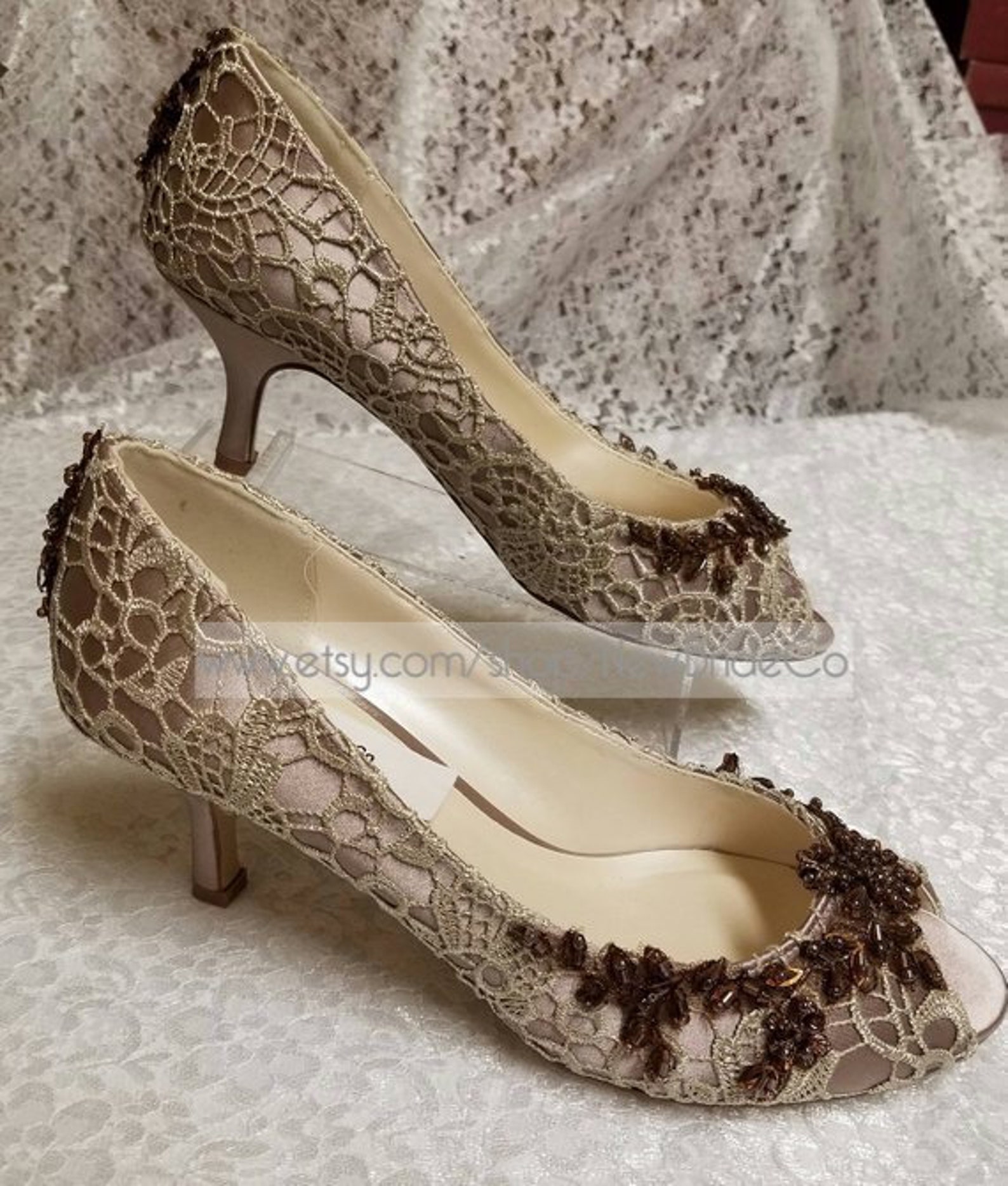Bridal Shoes Taupe beaded Lace 2 1/4 HEELIvory or Taupe Etsy