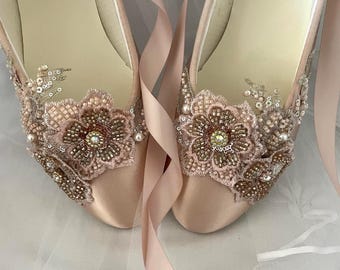 Rose Gold Ballerina Style Shoe, Rose Gold Flats With Beaded