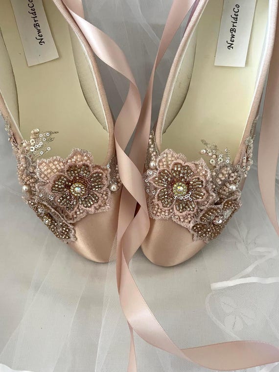 rose gold flat dress shoes Rose Gold Ballerina style shoe, Rose Gold Flats with beaded flowers and bling, PinkChampagne flat shoes