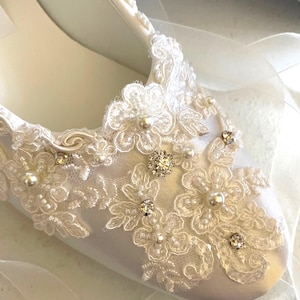 Brides Ivory Wedding Flat, Satin Ivory Shoes, Lace Applique with Pearls, Lace Up Ribbon Ballet Style Slipper, Comfortable Wedding Shoes
