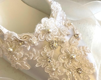 Size 9.5 Ivory Wedding Flats: Satin Ballet Slippers with Lace & Pearls