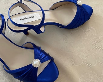 ROYAL Blue low heel Shoes 2'' M W and WW width adorned with PEARLS and Crystals,Low Heel Open Toe Ankle Strap,Royal Blue Satin low Heels,