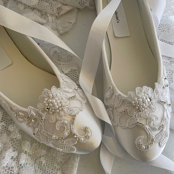 Brides White Wedding Flats,Satin OFF-WHITE Shoes Lace Applique with Pearls Lace Up Ribbon Ballet Style Slipper, Comfortable Wedding Shoes