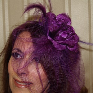 Purple hat Fascinator style with feathers and flowers,Wedding Hat, Kentucky Derby, Mardi Gras, night out, Mother of the bride accessory