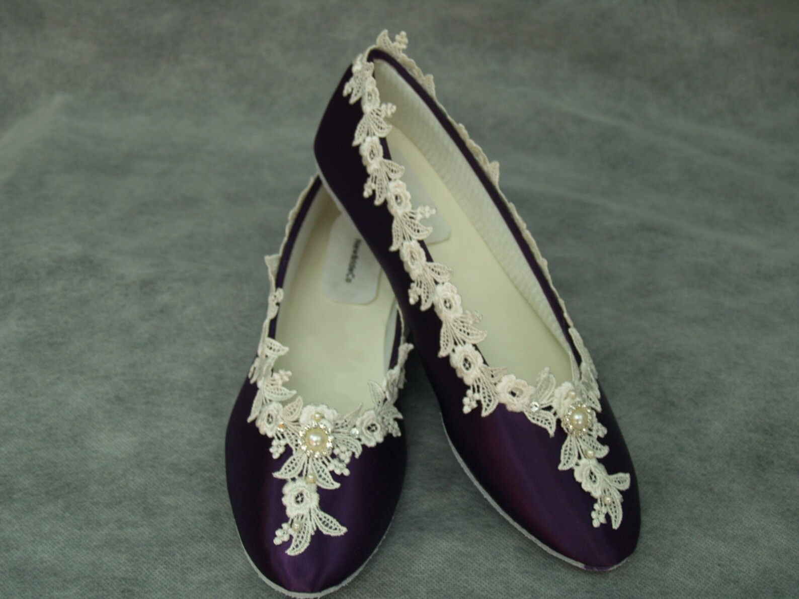 bridal victorian flats eggplant ivory shoes fine us lace pearls and crystals embellished, satin ballet slipper, deep purple with