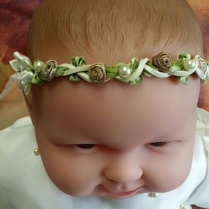 Baptism Champagne FLOWERS head lace, Baptism Ivory lace band,Baby hair lace,Baby Girl Headband, Baby Ivory Flower Headband, Baby Girl Gift
