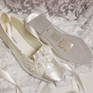 Bride Off White Wedding Flats,Off-white Satin Shoes,Lace Applique with Pearls,Lace Up Ribbon Ballet Style Slipper, Comfortable Wedding Shoes image 6