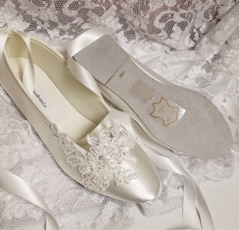 Bride Off White Wedding Flats,Off-white Satin Shoes,Lace Applique with Pearls,Lace Up Ribbon Ballet Style Slipper, Comfortable Wedding Shoes image 6