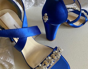 Royal Blue Bridal Heels: Pearl Crystal Trim, Square Heel (Size