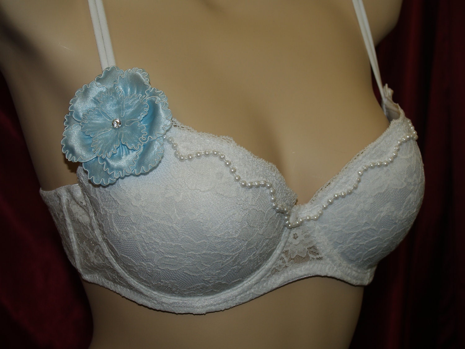 Brides Push-up Bra White Lace and Blue Flower 