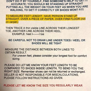 May include: A guide on how to measure feet for shoes. The text explains how to measure feet using a piece of paper and a ruler. It also mentions that the seller is not responsible for miscalculations.