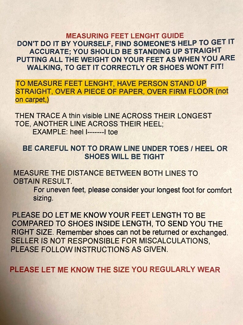 May include: A guide on how to measure feet for shoes. The text explains how to measure feet using a piece of paper and a ruler. It also mentions that the seller is not responsible for miscalculations.