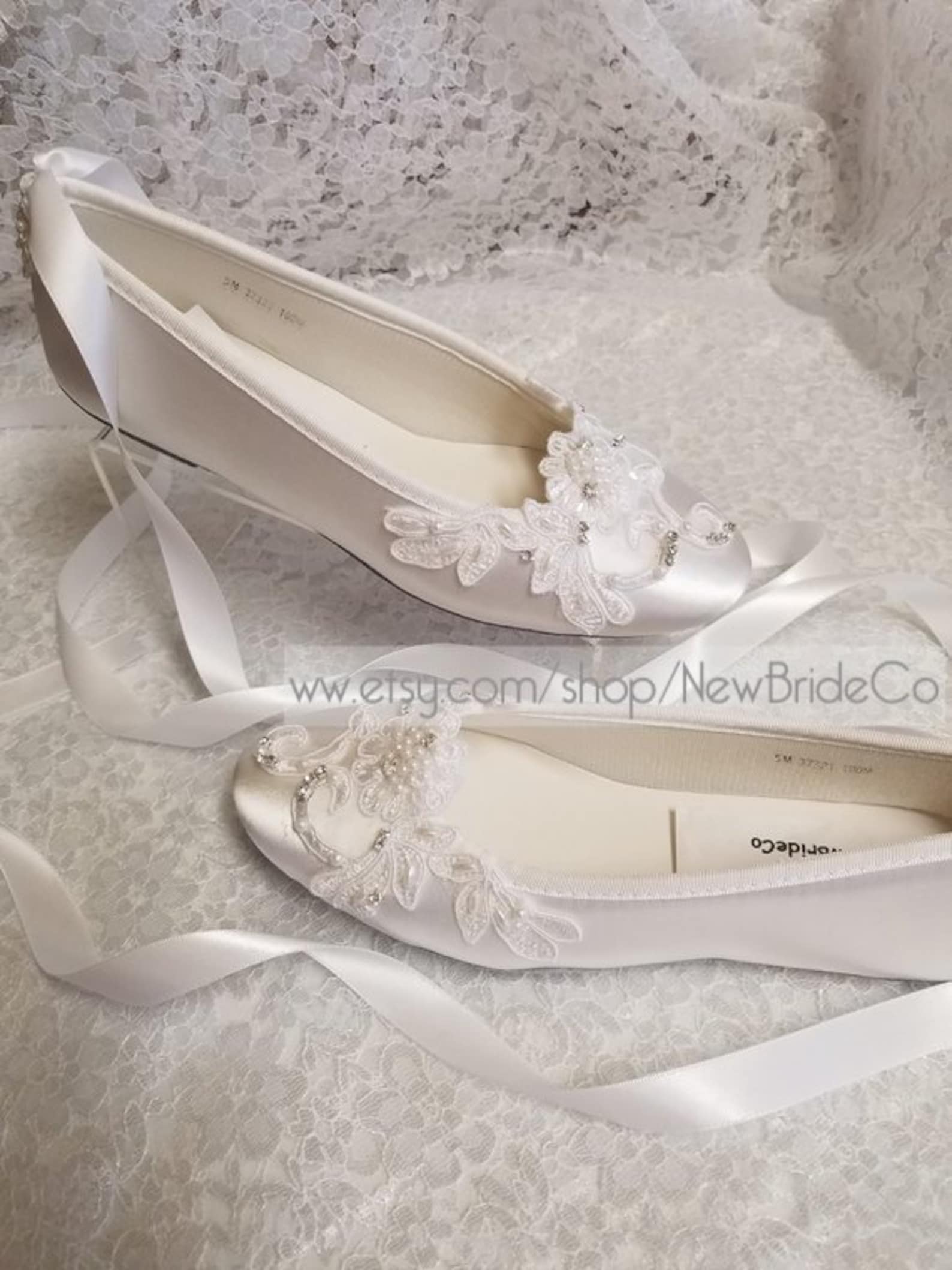 brides white wedding flats, satin ivory shoes, lace applique with pearls, lace up ribbon ballet style slipper, comfortable weddi