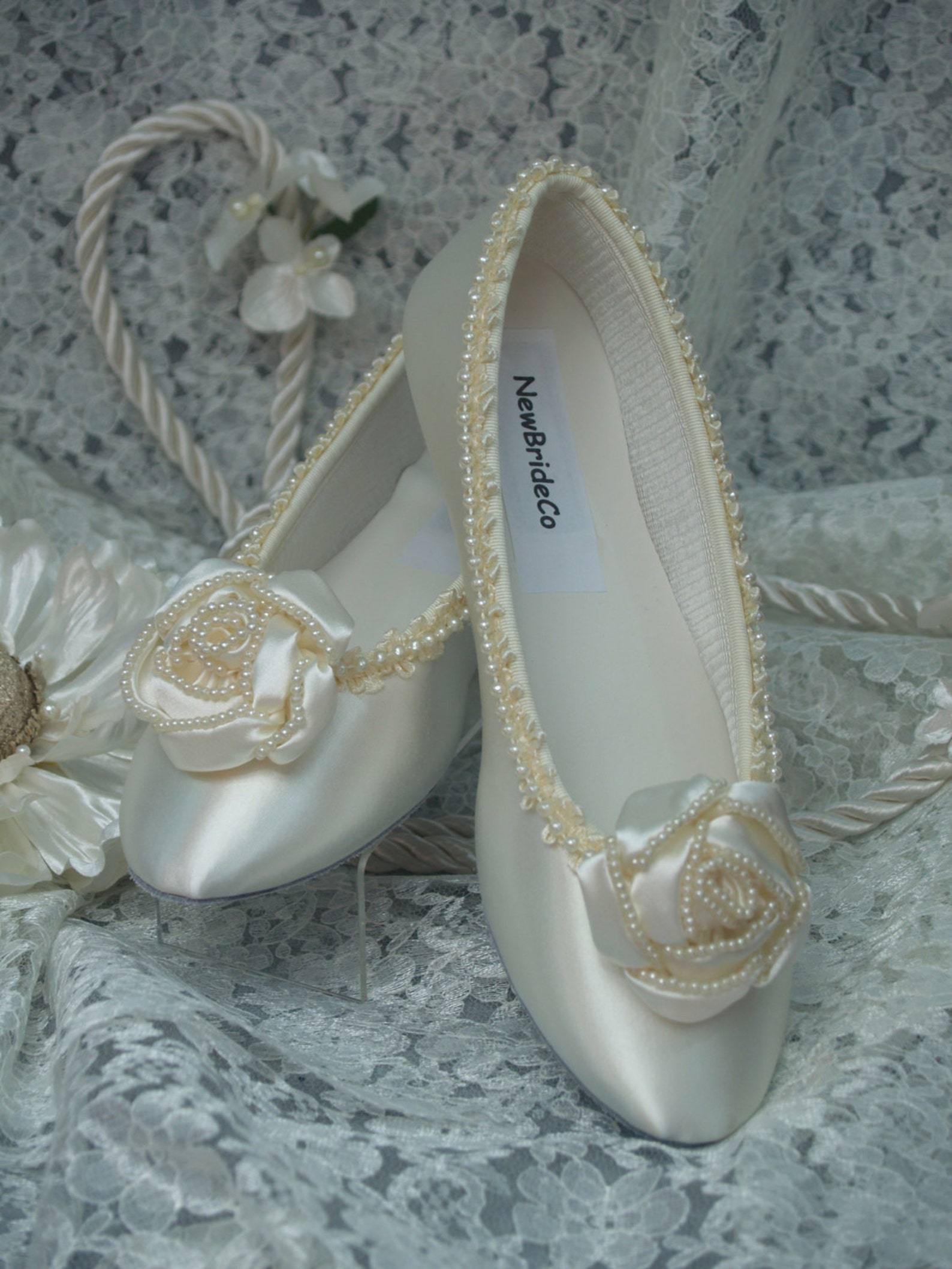 wedding ivory flats fancy pearls satin rossette, ballet style slipper, comfortable ivory shoes, fabric rose, pearl trimmed, sati