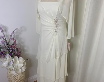 Vestido color marfil con falda escalonada y apliques, vestido tubo con chaqueta a juego, talla 15/16, hermoso vestido de novia vintage, vestido de aniversario.