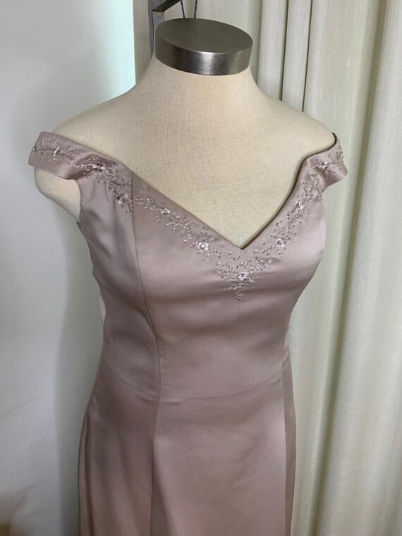 Vintage Jordan Mocha Satin Dress: Embroidered Off-Shoulder Formal Gown, Size 14
