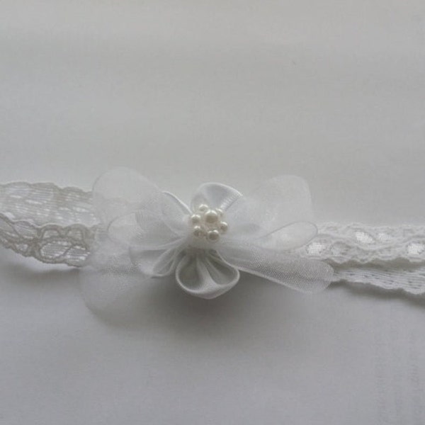 Baby BAPTISM White or Ivory lace band cluster of pearls Christening,Baptism gift,Presentation,Organza, Satin Flower, Stretch Lace Headband