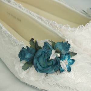 Lace Bridal Flats Teal flowers adornment over white lace,Wedding Flats, Ballet Style Slipper, Lace, Teal Peacock Blue Flowers, Romantic