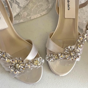 Wedge Shoes 1&quot; heel White or Ivory with lots of crystals,Short Heel,Open toes low heel Satin Sandals,Old Hollywood Sandals,Shoes Art Deco,