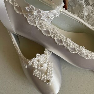 Tie Around Ankle Bridal Wedding Victorian Flats,Fine US Lace pearls & crystals embellished, Wedding flat shoes Edwardian, Renaissance, Satin image 8