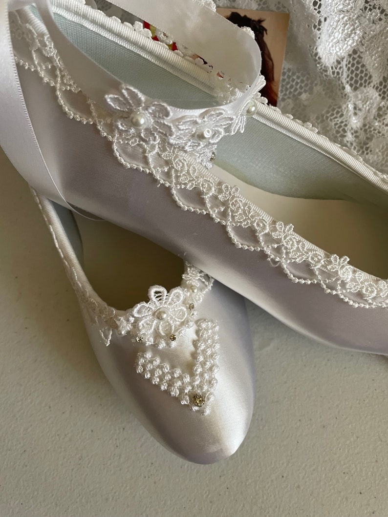 Tie Around Ankle Bridal Wedding Victorian Flats,Fine US Lace pearls & crystals embellished, Wedding flat shoes Edwardian, Renaissance, Satin image 8