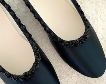 Size 10M Size 9M Black Satin Flat Shoes Ballet Style Slipper w Sequins Trim, Goth Wedding Shoes,black flats, bridesmaids, Special Occasion