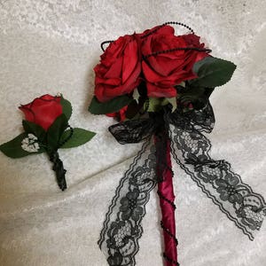 Wedding Red/Black Bouquet with a Grooms Boutonniere Set,Wedding Bouquet true Red and Black,Bridesmaids bouquets sets made to order,