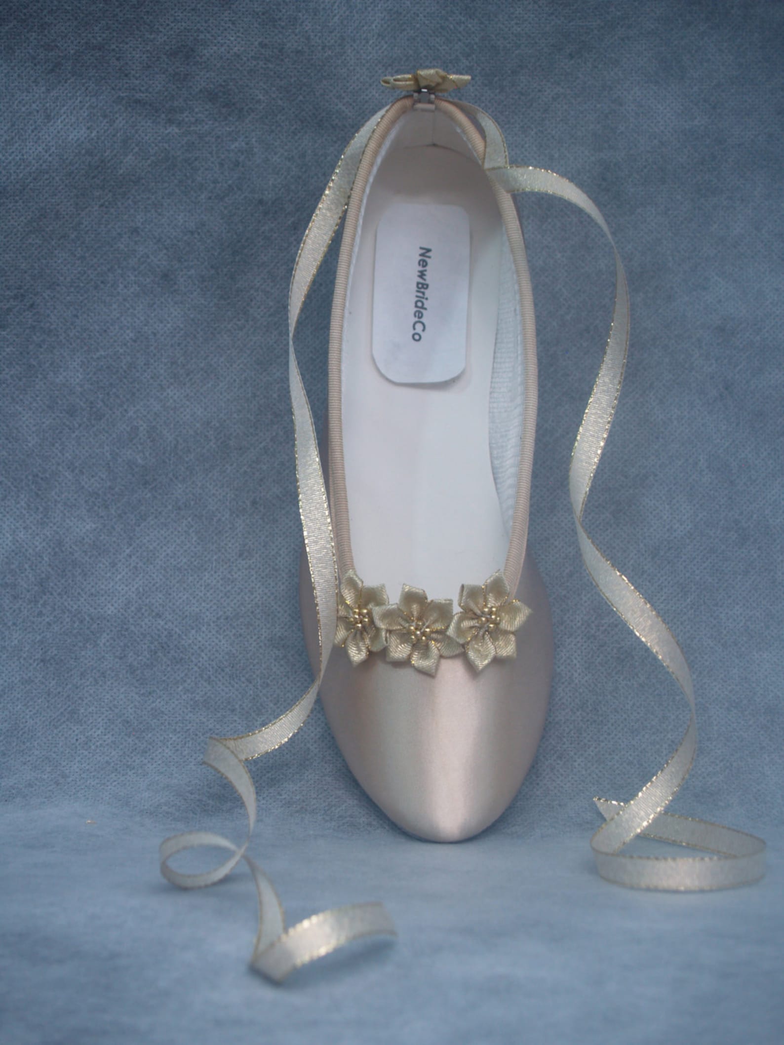 champagne wedding flats w 3 gold flowers,gold flowers, lace up ballet style slipper, 50th anniversary mob, comfort and beauty, g