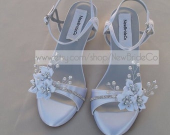 Wedding Shoes low Wedge 1 inch heel flowers crystals,Short Heel,White Satin Open Toe Bridal Sandal,LOW heel Bling shoes with White Flowers,