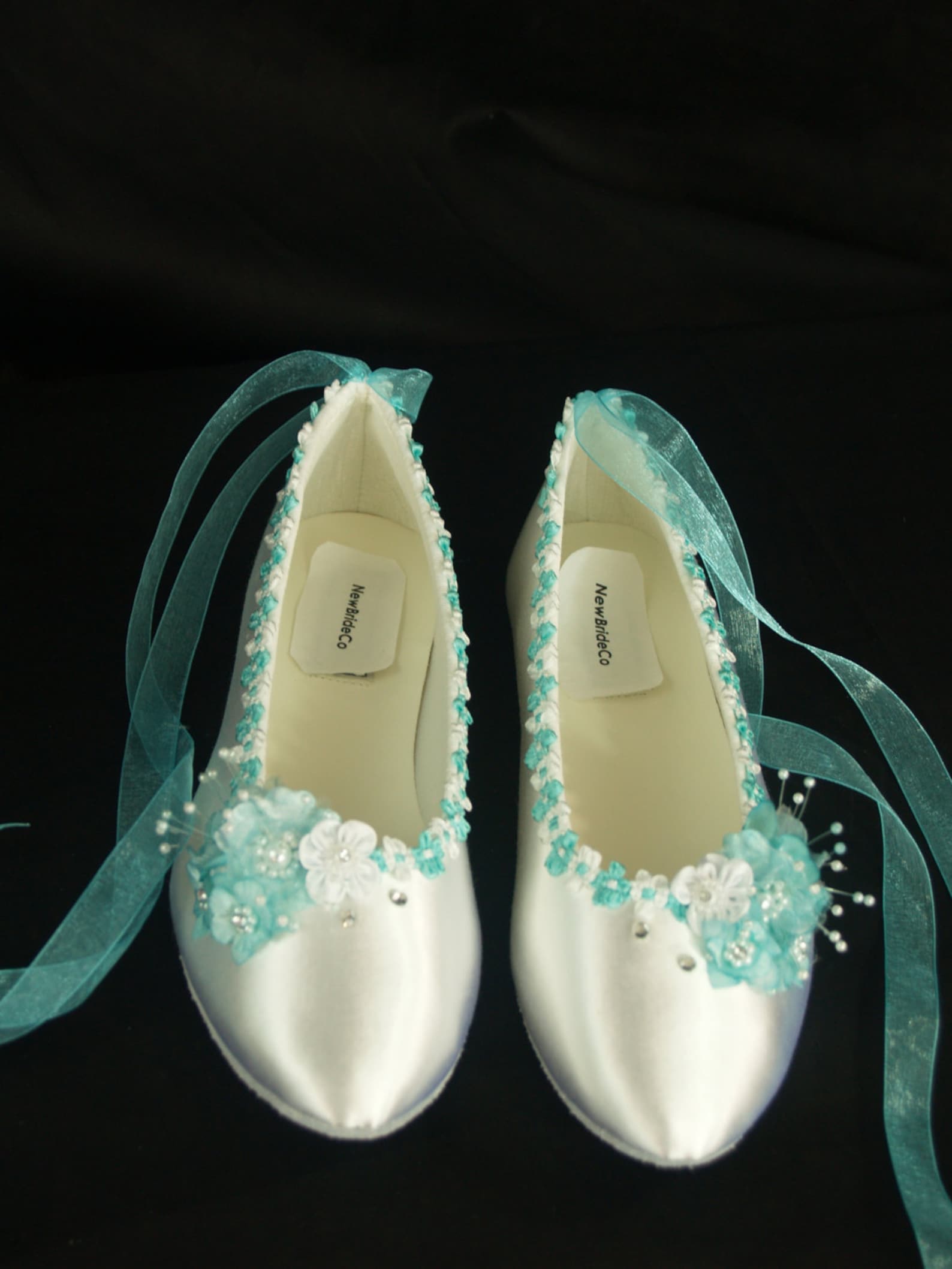 flat shoes aqua blue trims on ballet style slipper - aqua blue flat shoes, white satin flats, ribbon lace up flats, something bl