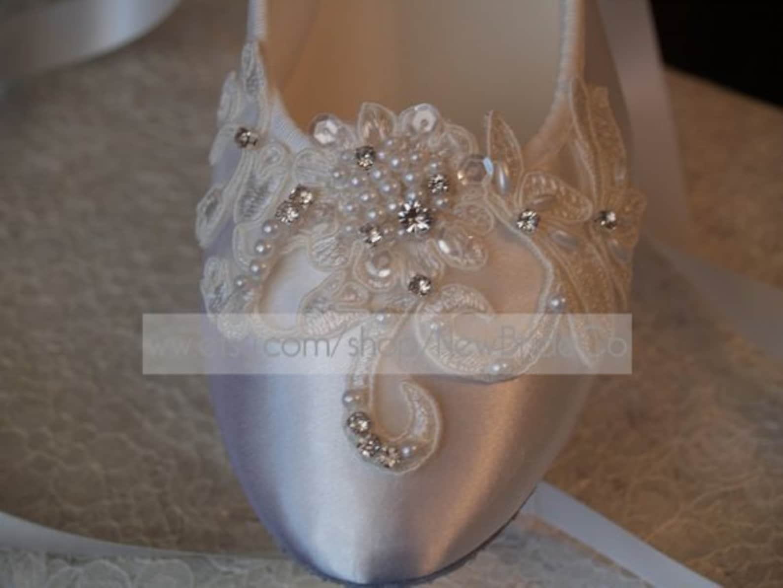 brides white wedding flats, satin ivory shoes, lace applique with pearls, lace up ribbon ballet style slipper, comfortable weddi