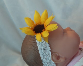 Infant Sunflower Headband stretch lace white or ivory,Baby headband, Shower Gift, Baby Girl Wear Hair Accessory, Yellow, Orange,Country Chic