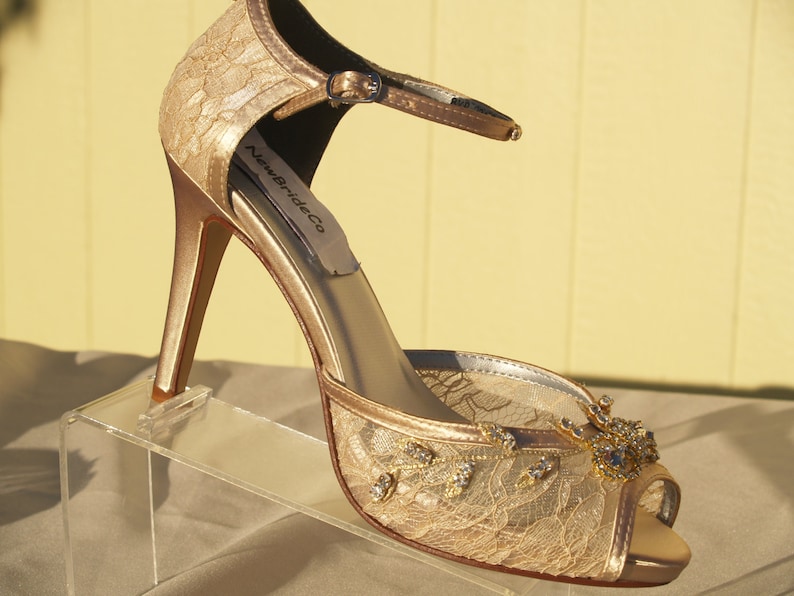Champagne Gold lace Wedding shoes Peep Toe 3 1/2 inch | Etsy