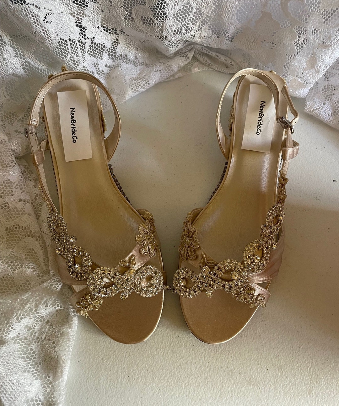 Champagne Bling Wedding Shoes Low Wedge 1 Inch Heel With Crystals ...