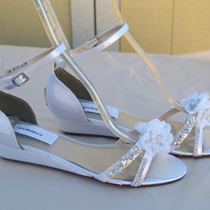 Size 8 Bling BRIDAL Wedge 1&quot; heel crystals,Short Heel, Prom Shoes, White Satin Sandal, Open toes low heel, Old Hollywood,Deco, Ready to Ship