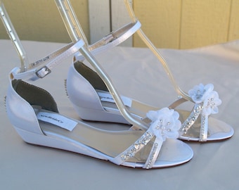 Size 8 Bling BRIDAL Wedge 1" heel crystals,Short Heel, Prom Shoes, White Satin Sandal, Open toes low heel, Old Hollywood,Deco, Ready to Ship